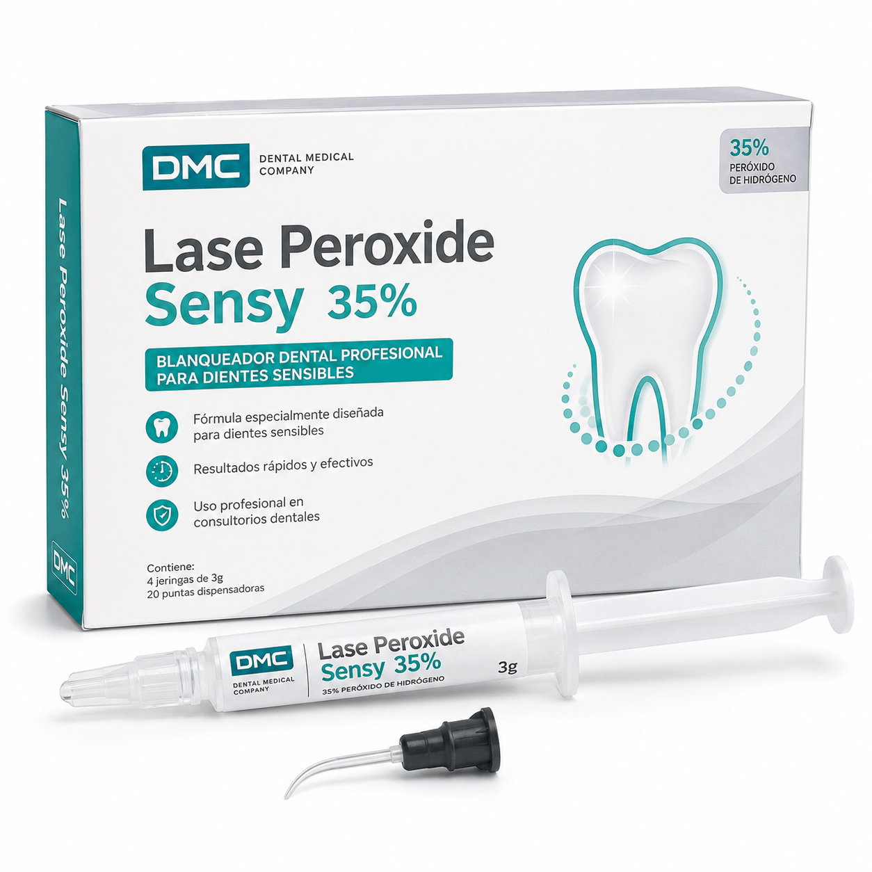Lase Peroxide Sensy 35% Lase Peroxide Sensy 35% de DMC es un blanqueador profesional para consultorios dentales, diseñado para dientes sensibles y con resultados rápidos y efectivos. Lase Peroxide Sensy 35% Lase Peroxide Sensy 35% de DMC es un blanqueador profesional para consultorios dentales, diseñado para dientes sensibles y con resultados rápidos y efectivos.